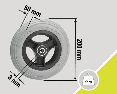 Rad mit den Maßen 50 mm, 8 mm und 200 mm, maximale Belastung 75 kg