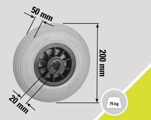 Roue avec dimensions 200 mm x 50 mm et une capacité de charge de 75 kg