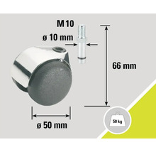 Roulette pour meubles avec tige filetée M10, diamètre 50 mm, capacité de charge 50 kg