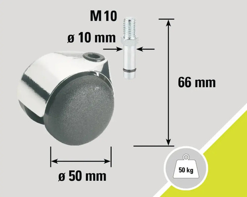 Roulette pour meubles avec tige filetée M10, diamètre 50 mm, capacité de charge 50 kg