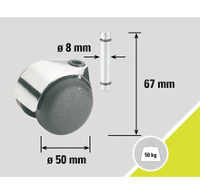 Roue de meuble avec tige, diamètre 50 mm, diamètre de tige 8 mm, longueur de tige 67 mm, capacité de charge 50 kg