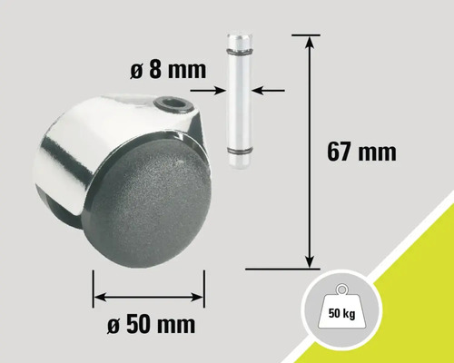 Roue de meuble avec tige, diamètre 50 mm, diamètre de tige 8 mm, longueur de tige 67 mm, capacité de charge 50 kg