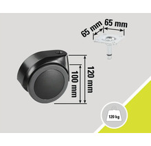 Roulette de meubles avec les dimensions 100 mm x 120 mm, plaque de fixation 65 mm x 65 mm, capacité de charge 120 kg