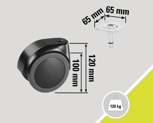 Roulette de meubles avec les dimensions 100 mm x 120 mm, plaque de fixation 65 mm x 65 mm, capacité de charge 120 kg