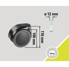 Roulette de chaise avec dimensions 100 millimètres sur 116 millimètres, diamètre du boulon 12 millimètres, capacité de charge 120 kilogrammes