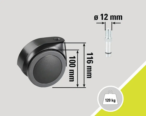 Roulette de chaise avec dimensions 100 millimètres sur 116 millimètres, diamètre du boulon 12 millimètres, capacité de charge 120 kilogrammes