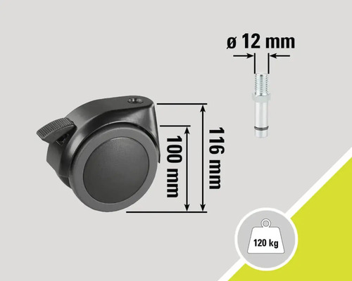 Roulette de chaise avec frein, diamètre de la roue 100 millimètres, diamètre du pivot 12 millimètres, capacité de charge 120 kilogrammes