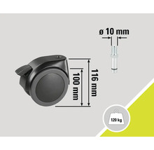 Möbelrolle mit Bremse, Durchmesser 100 Millimeter, Belastbarkeit 120 Kilogramm, Bolzendurchmesser 10 Millimeter