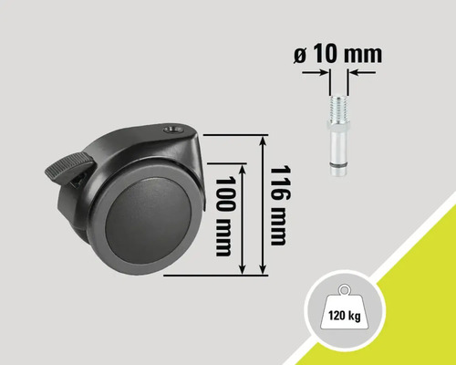 Möbelrolle mit Bremse, Durchmesser 100 Millimeter, Belastbarkeit 120 Kilogramm, Bolzendurchmesser 10 Millimeter