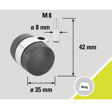 Butoir de porte avec les dimensions M8, 8 mm de diamètre, 35 mm de diamètre et 42 mm de hauteur, supportant jusqu'à 50 kg