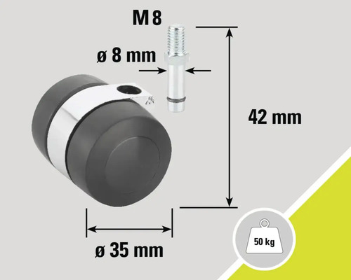 Butoir de porte avec les dimensions M8, 8 mm de diamètre, 35 mm de diamètre et 42 mm de hauteur, supportant jusqu'à 50 kg