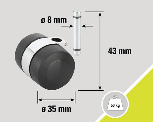 Türstopper mit den Massen 43 Millimeter Höhe, 35 Millimeter Durchmesser und 8 Millimeter Bolzendurchmesser, maximale Belastbarkeit 50 Kilogramm