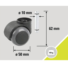 Roue de meuble avec tige, diamètre 50 mm, diamètre de tige 10 mm, longueur de tige 62 mm, capacité de charge 40 kg