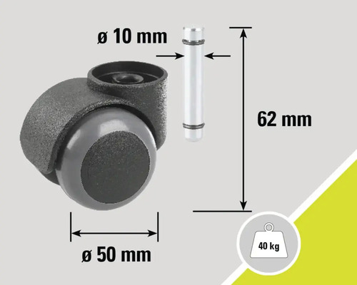 Roue de meuble avec tige, diamètre 50 mm, diamètre de tige 10 mm, longueur de tige 62 mm, capacité de charge 40 kg
