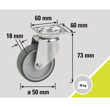 Vue de rouleau avec dimensions : diamètre de roue de 50 mm, taille de plaque de 60 mm, hauteur de construction de 73 mm, largeur de roue de 18 mm et capacité de charge de 40 kilogrammes