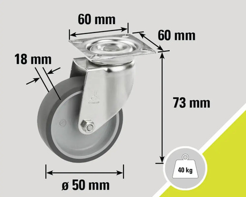 Vue de rouleau avec dimensions : diamètre de roue de 50 mm, taille de plaque de 60 mm, hauteur de construction de 73 mm, largeur de roue de 18 mm et capacité de charge de 40 kilogrammes