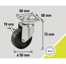 Roulette avec une capacité de charge de 50 kilogrammes et des dimensions de 60 mm sur 60 mm, diamètre de la roue de 50 mm