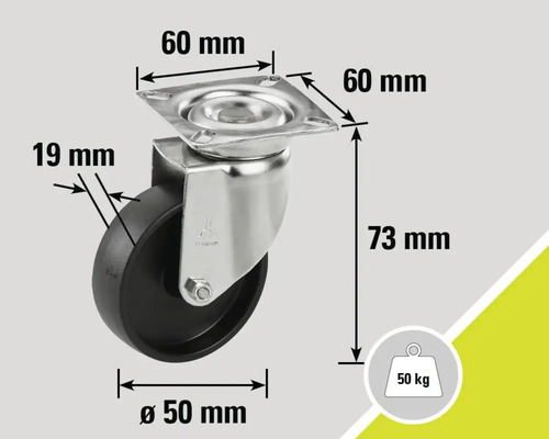 Roulette avec une capacité de charge de 50 kilogrammes et des dimensions de 60 mm sur 60 mm, diamètre de la roue de 50 mm