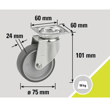 Roue pivotante avec des dimensions de 60 mm x 60 mm, diamètre de roue de 75 mm, largeur de roue de 24 mm et une hauteur de 101 mm, capacité de charge de 50 kg