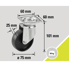 Lenkrolle mit den Maßen 60 mm mal 60 mm, 25 mm, 75 mm Durchmesser und 101 mm, Belastbarkeit bis 60 kg