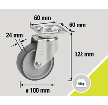 Roue pivotante avec des dimensions de 60 mm x 60 mm, diamètre de roue de 100 mm, largeur de roue de 24 mm, hauteur de construction de 122 mm et une capacité de charge de 55 kg