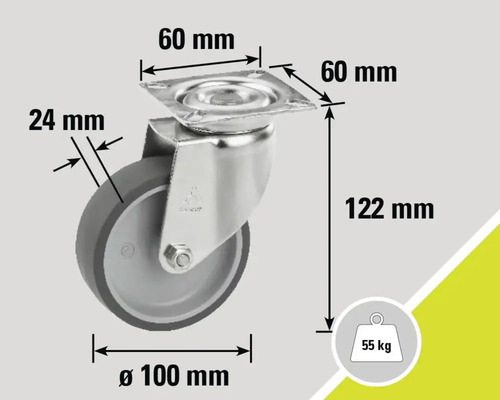 Roue pivotante avec des dimensions de 60 mm x 60 mm, diamètre de roue de 100 mm, largeur de roue de 24 mm, hauteur de construction de 122 mm et une capacité de charge de 55 kg