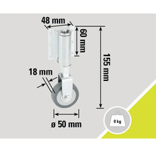 Abbildung eines Möbelrollers mit den Maßangaben 48 mm, 60 mm, 155 mm, 18 mm und Durchmesser 50 mm.