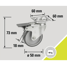Roue pivotante avec dispositif de blocage et dimensions 60 x 60 millimètres, hauteur 73 millimètres et diamètre 50 millimètres, capacité de charge 40 kilogrammes