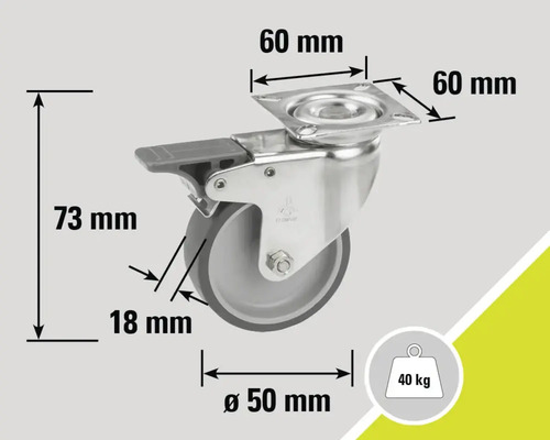 Roue pivotante avec dispositif de blocage et dimensions 60 x 60 millimètres, hauteur 73 millimètres et diamètre 50 millimètres, capacité de charge 40 kilogrammes