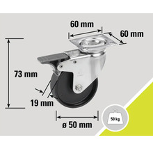 Roue pivotante avec frein, capacité de charge 50 kilogrammes