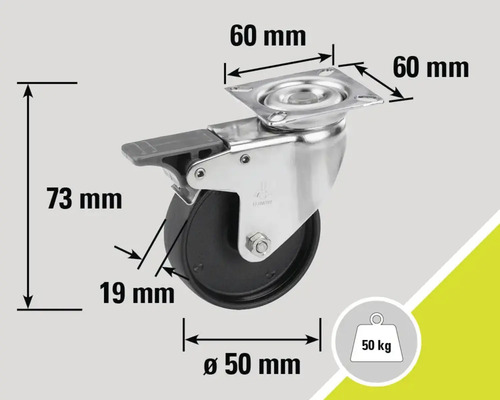 Roue pivotante avec frein, capacité de charge 50 kilogrammes