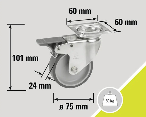 Roue pivotante avec frein, diamètre de roue 75 mm, capacité de charge 50 kg