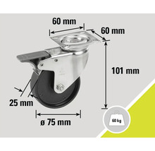 Roue pivotante avec frein, dimensions : 75 mm de diamètre, 101 mm de hauteur, charge maximale : 60 kg