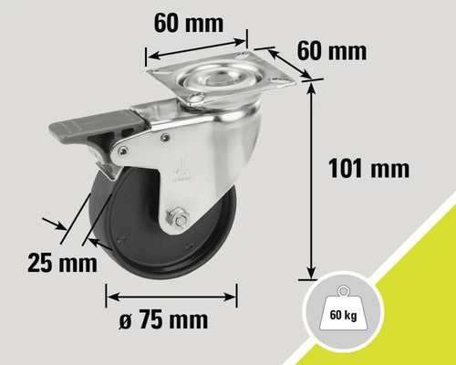 Roue pivotante avec frein, dimensions : 75 mm de diamètre, 101 mm de hauteur, charge maximale : 60 kg