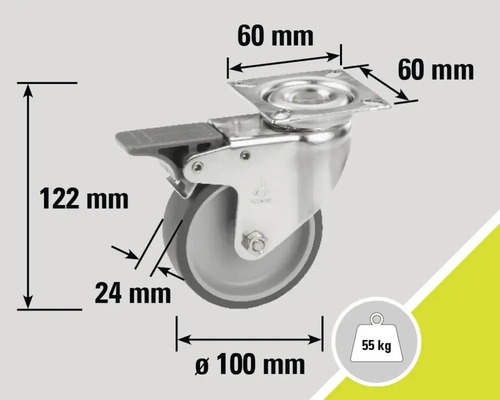 Roue pivotante avec frein et dimensions de 122 mm de hauteur, 100 mm de diamètre de roue et 55 kg de capacité de charge