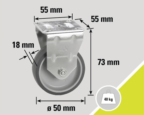 Roue pivotante avec des dimensions de 55 x 55 x 73 millimètres et une capacité de charge de 40 kilogrammes