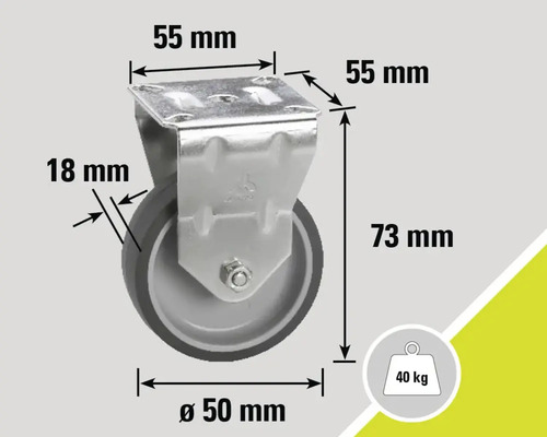Roue pivotante avec des dimensions de 55 mm x 55 mm x 73 mm et une capacité de charge de 40 kg