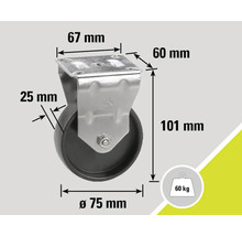 Lenkrolle mit den Massen 67 mm, 60 mm, 101 mm und 75 mm Durchmesser, Traglast bis 60 kg