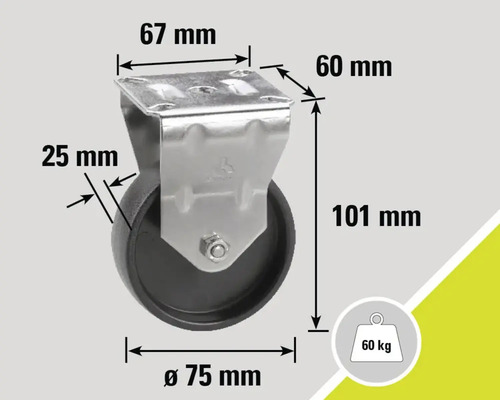 Lenkrolle mit den Massen 67 mm, 60 mm, 101 mm und 75 mm Durchmesser, Traglast bis 60 kg