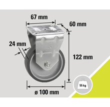 Roue avec dimensions 67 mm x 60 mm, hauteur 122 mm, diamètre de roue 100 mm et capacité de charge 55 kg