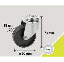 Roue pivotante avec des dimensions de 50 mm de diamètre, 19 mm de largeur et 73 mm de hauteur, capacité de charge 50 kg