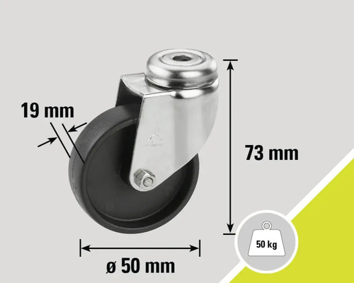 Roue pivotante avec des dimensions de 50 mm de diamètre, 19 mm de largeur et 73 mm de hauteur, capacité de charge 50 kg