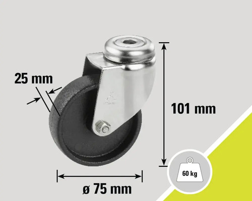 Rolle mit den Maßen 75 mm Durchmesser, 25 mm Breite und 101 mm Höhe, Traglast 60 Kilogramm