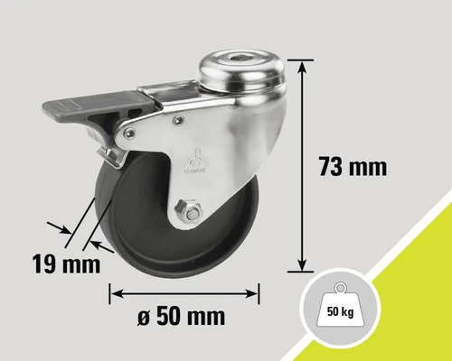 Roulette pour meubles avec frein, diamètre 50 millimètres, capacité de charge 50 kilogrammes