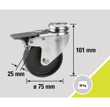 Roue pour meubles avec frein, diamètre de roue de 75 millimètres et capacité de charge de 60 kilogrammes