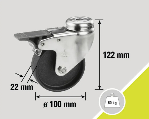 Roue pivotante avec frein, diamètre 100 millimètres, charge maximale 60 kilogrammes