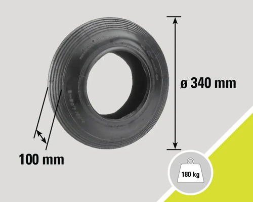 Roue avec des dimensions de 340 millimètres de diamètre, 100 millimètres de largeur de pneu et une capacité de charge de 180 kilogrammes