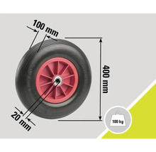 Rad mit einer Größe von 400 mm, einer Breite von 100 mm und einer Achsbohrung von 20 mm. Maximale Belastbarkeit 100 kg.