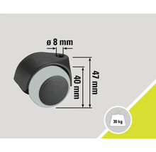 Roulette de meuble avec les dimensions suivantes : hauteur 47 mm, diamètre de la roulette 40 mm et diamètre du trou de forage 8 mm. Charge maximale de 30 kg.