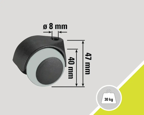 Roulette de meuble avec les dimensions suivantes : hauteur 47 mm, diamètre de la roulette 40 mm et diamètre du trou de forage 8 mm. Charge maximale de 30 kg.